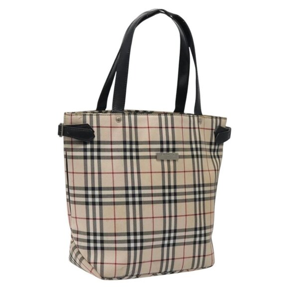 BURBERRY Nova Check Blue Label Tote Bag Canvas Beige Silver Auth 119986 - Picture 1 of 16